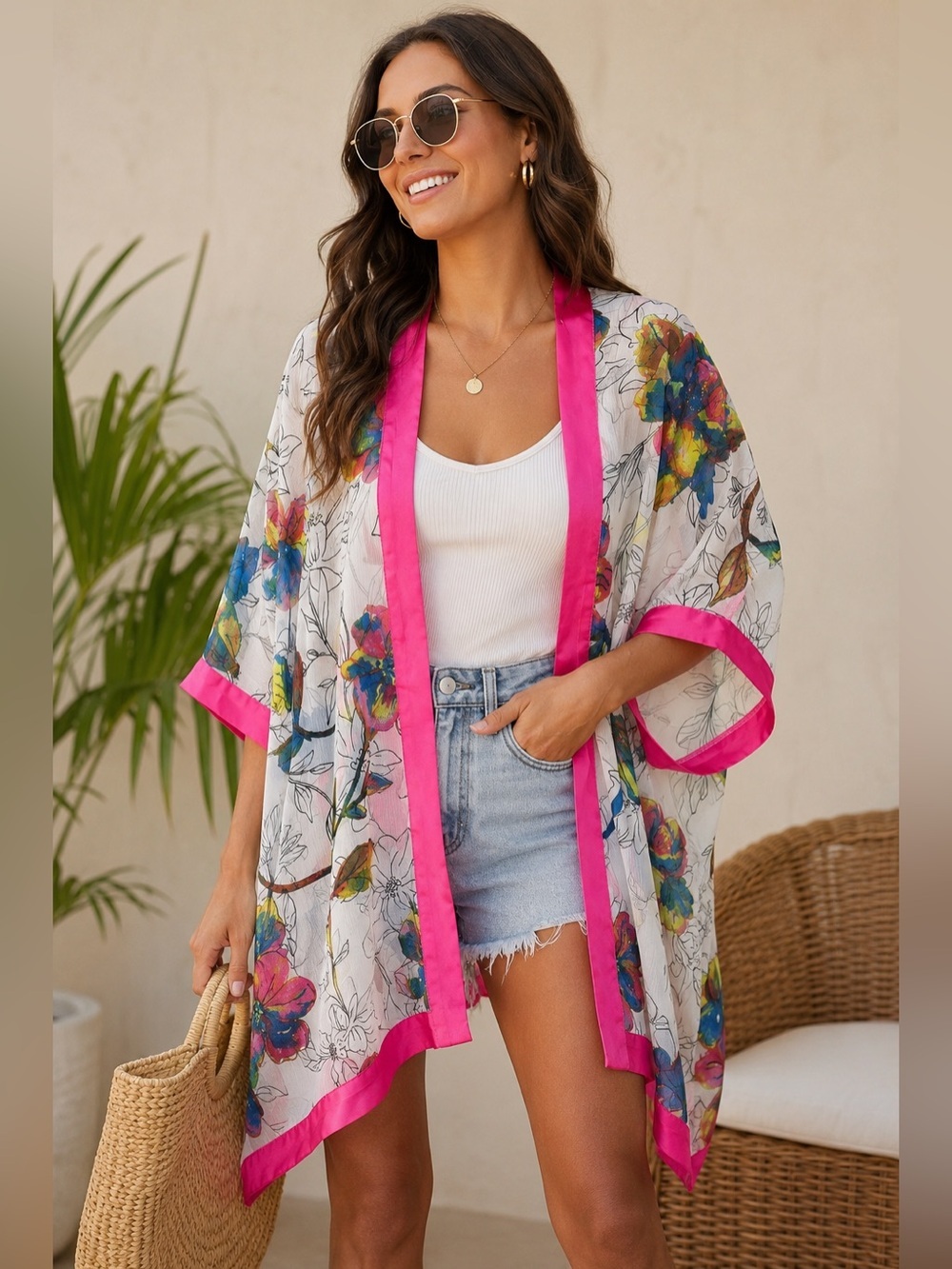 NWT Nine West Floral Kimono Cover Up Sheer Pink Trim Oversized OS Resortwear